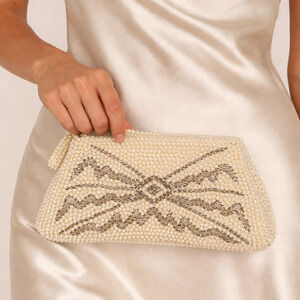 Vintage 70s Emson Beaded Clutch Purse Cream Silver Lined Zip Closure